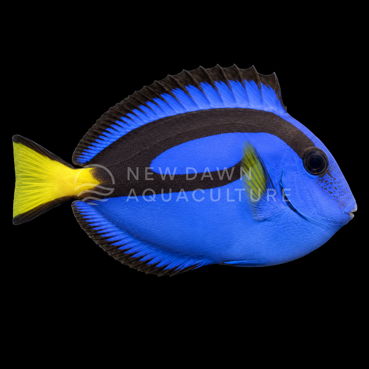 Regal Blue Tang (Paracanthurus hepatus), head right and tail left on black, with the white New Dawn Aquaculture watermark.