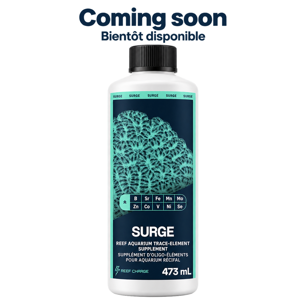 SURGE, 473 mL — Coming soon / Bientôt disponible. Current dark navy and teal coral label, on a transparent background.
