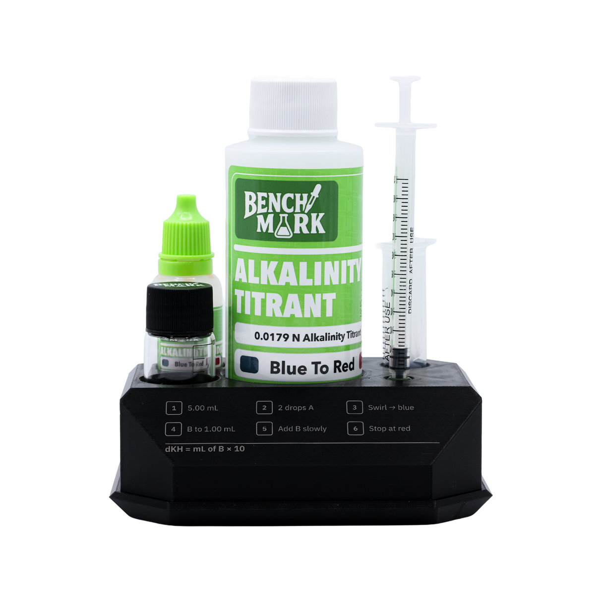 Open Benchmark Alkalinity Test Kit with reagents and syringes arranged in the stand