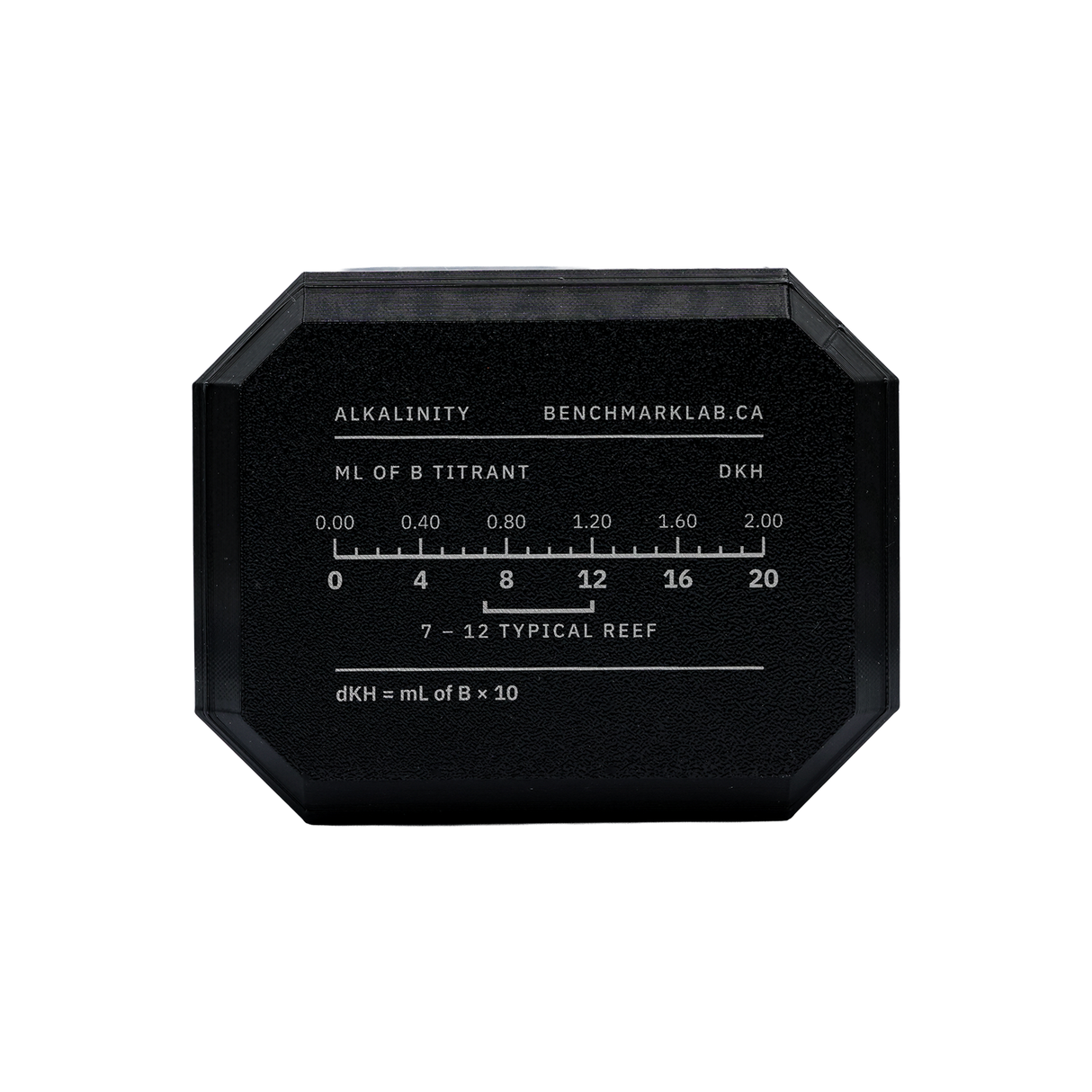 Alkalinity dKH quick-read scale on the Benchmark test kit case