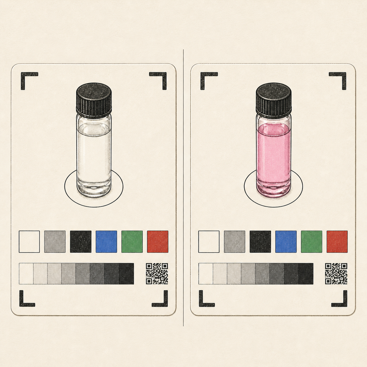 Illustrated Benchmark Nitrate Test Kit colourimetry samples: clear blank and pink reacted vial