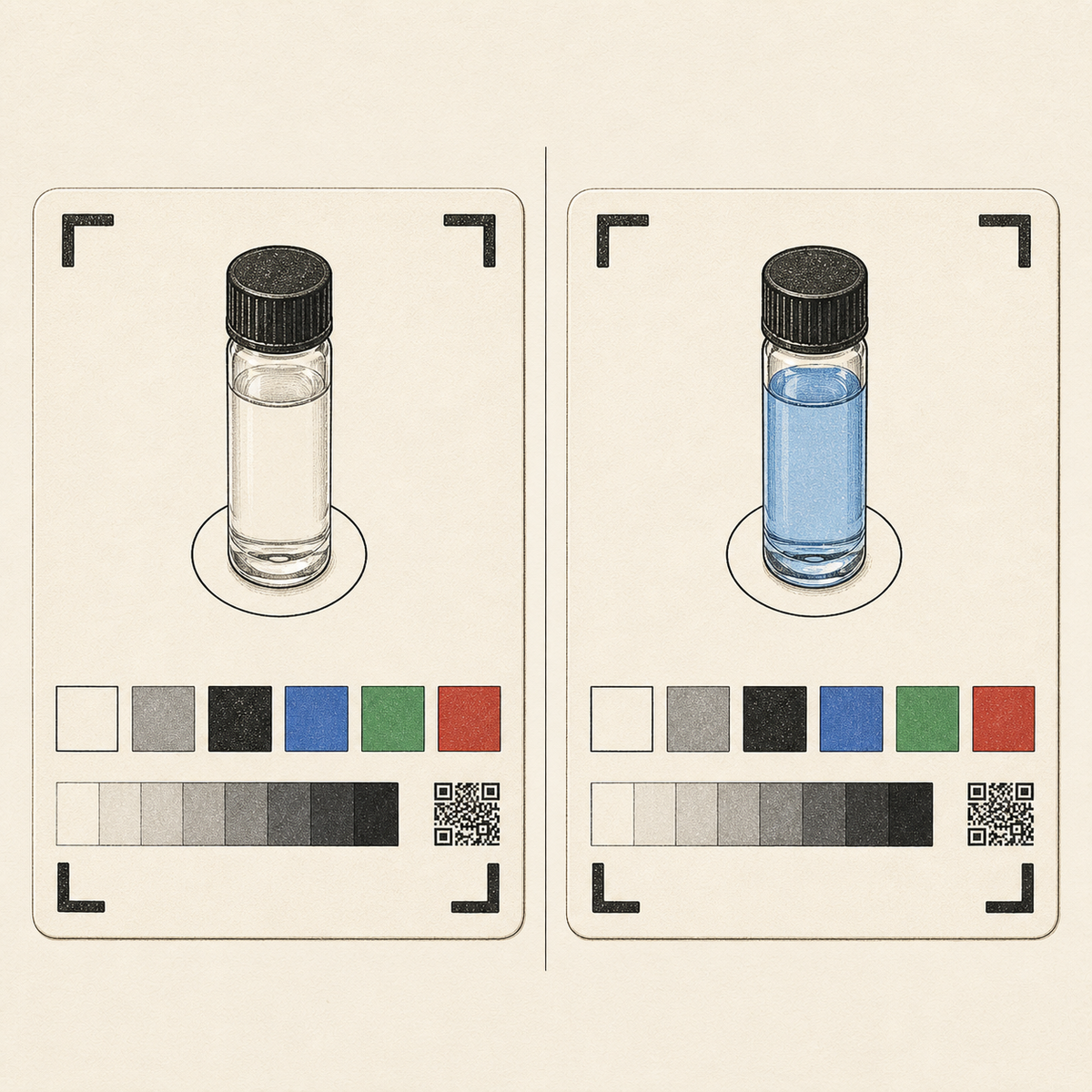 Illustrated Benchmark Phosphate Test Kit colourimetry samples: clear blank and blue reacted vial
