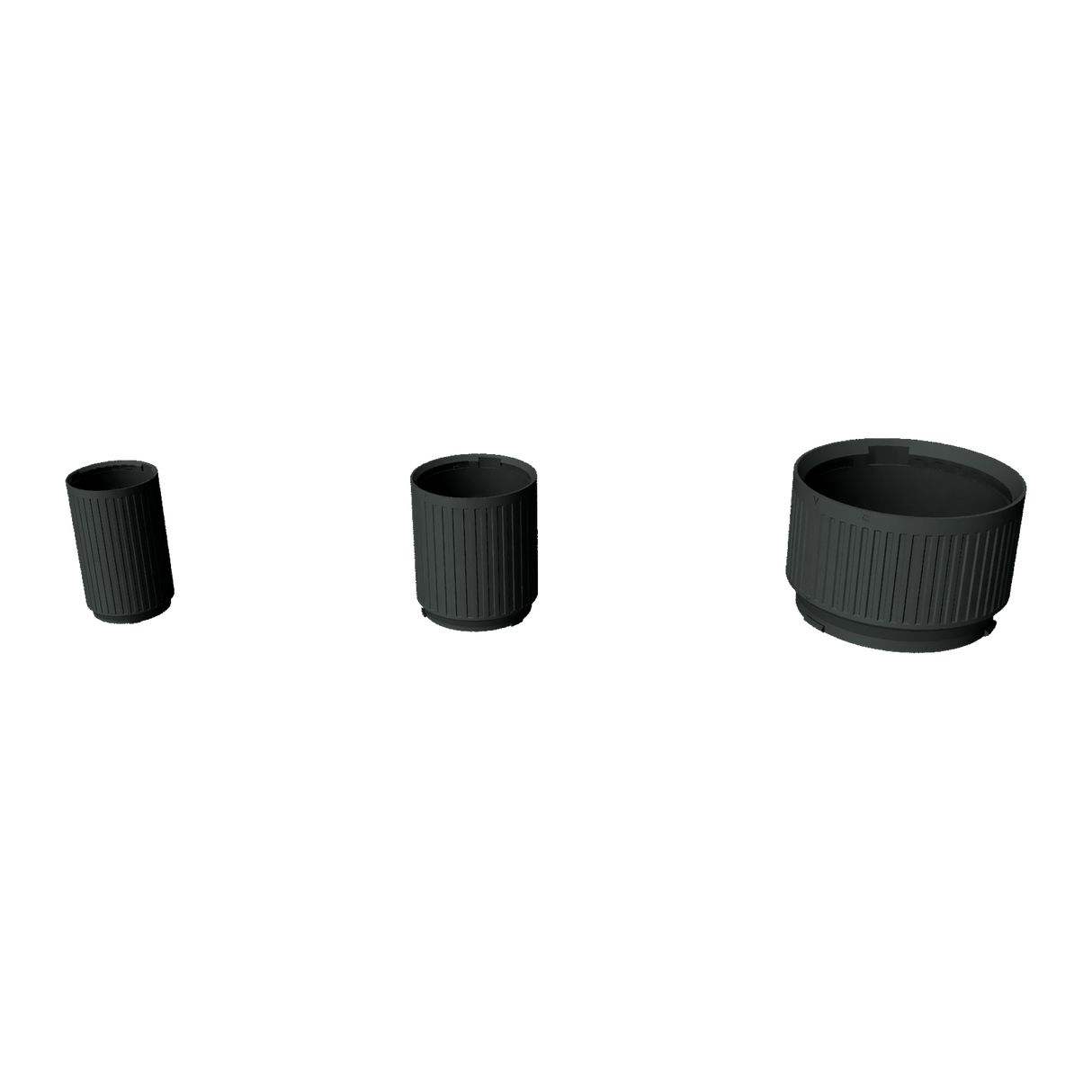 Three smaller current Modular Filter Cup bodies in 2.75 inch, 4 inch and 7 inch sizes