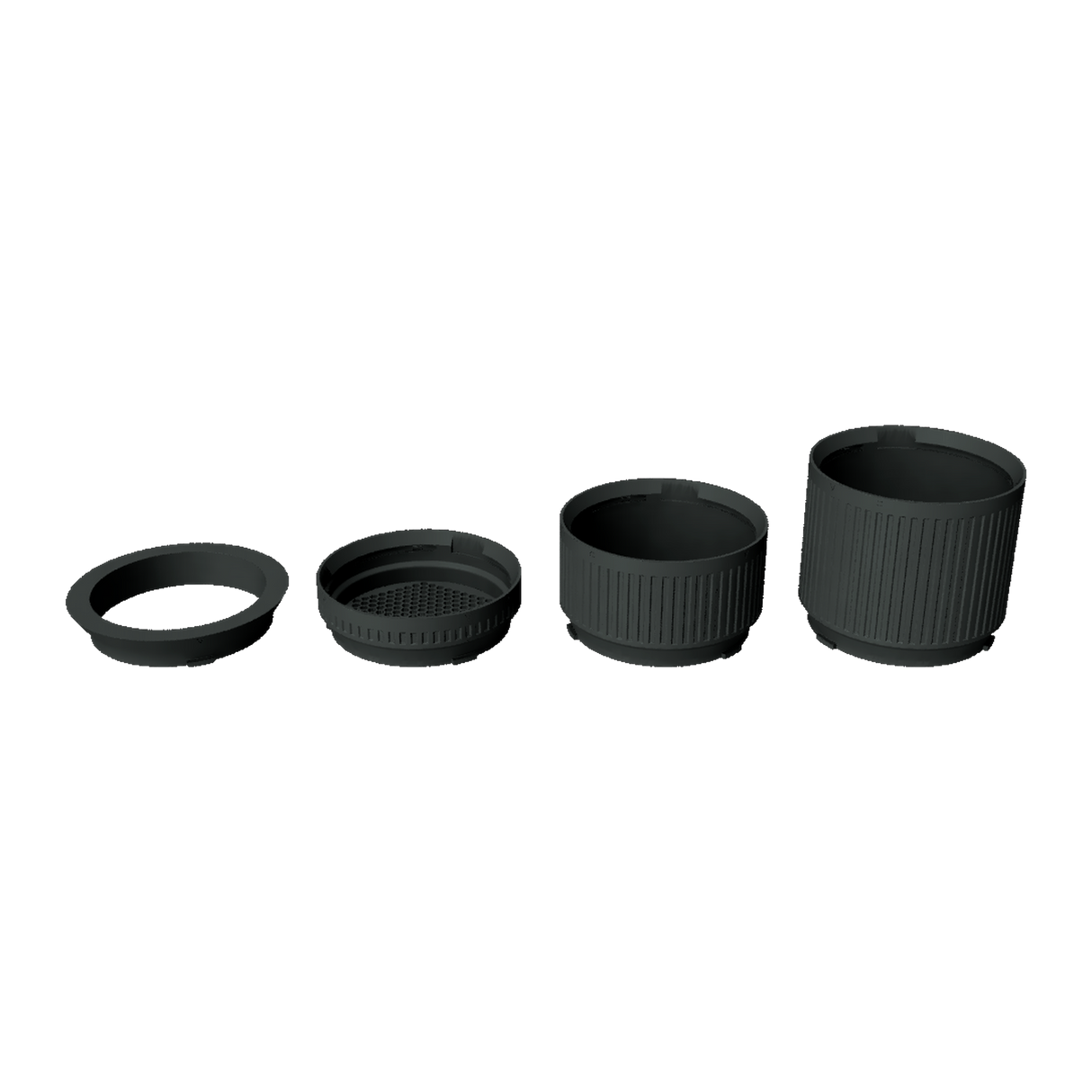 Stratiform Modular Filter Cup 7 inch family transparent render showing 2 inch, 4 inch, and 6 inch cup depths