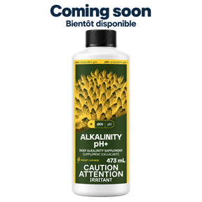 Alkalinity pH+, 473 mL — Coming soon / Bientôt disponible. Current gold and green coral label with caution text, on a transparent background.