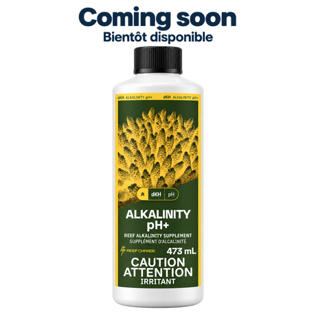 Alkalinity pH+, 473 mL — Coming soon / Bientôt disponible. Current gold and green coral label with caution text, on a transparent background.