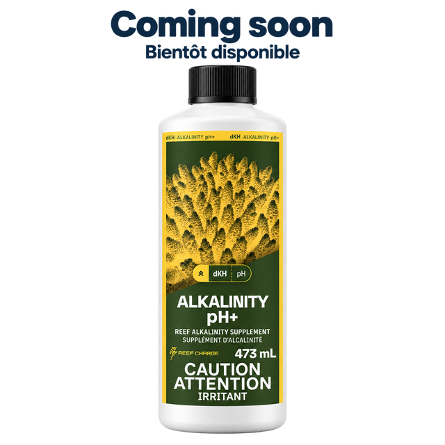 Alkalinity pH+, 473 mL — Coming soon / Bientôt disponible. Current gold and green coral label with caution text, on a transparent background.