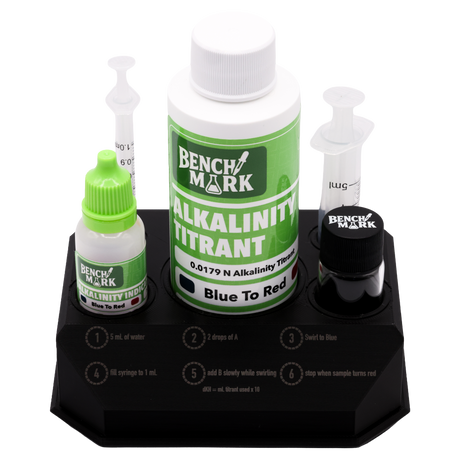 Benchmark Alkalinity Test Kit open display case with reagents, vial, and syringes
