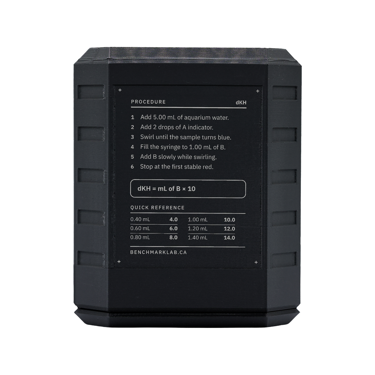 Alkalinity test procedure and quick reference on the back of the Benchmark kit case