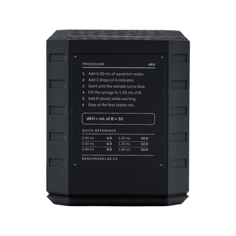 Alkalinity test procedure and quick reference on the back of the Benchmark kit case