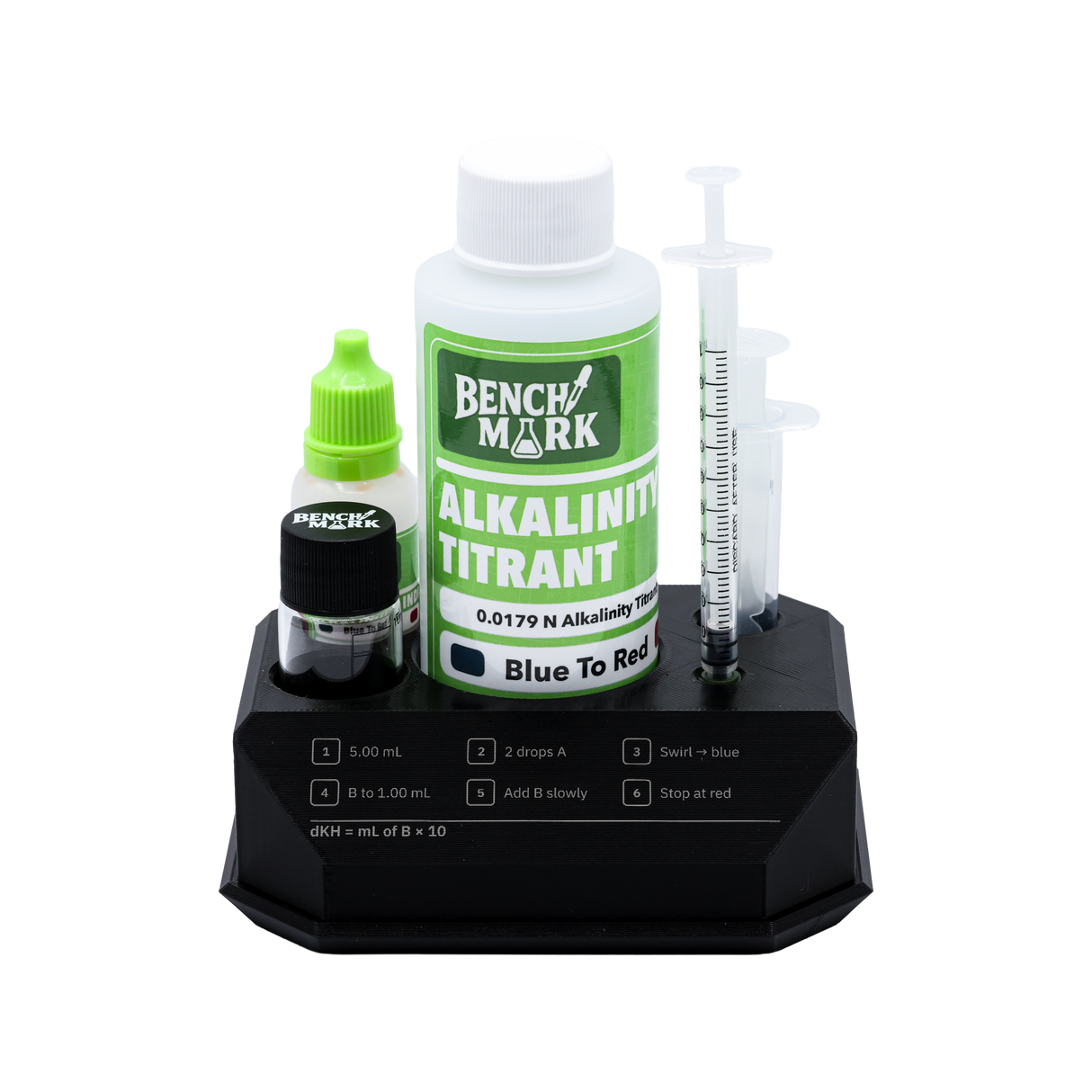 Benchmark Alkalinity Test Kit with reagents, syringes and testing stand