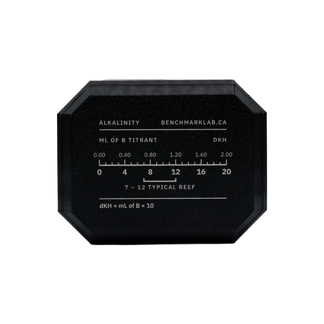 Alkalinity dKH quick-read scale on the Benchmark test kit case