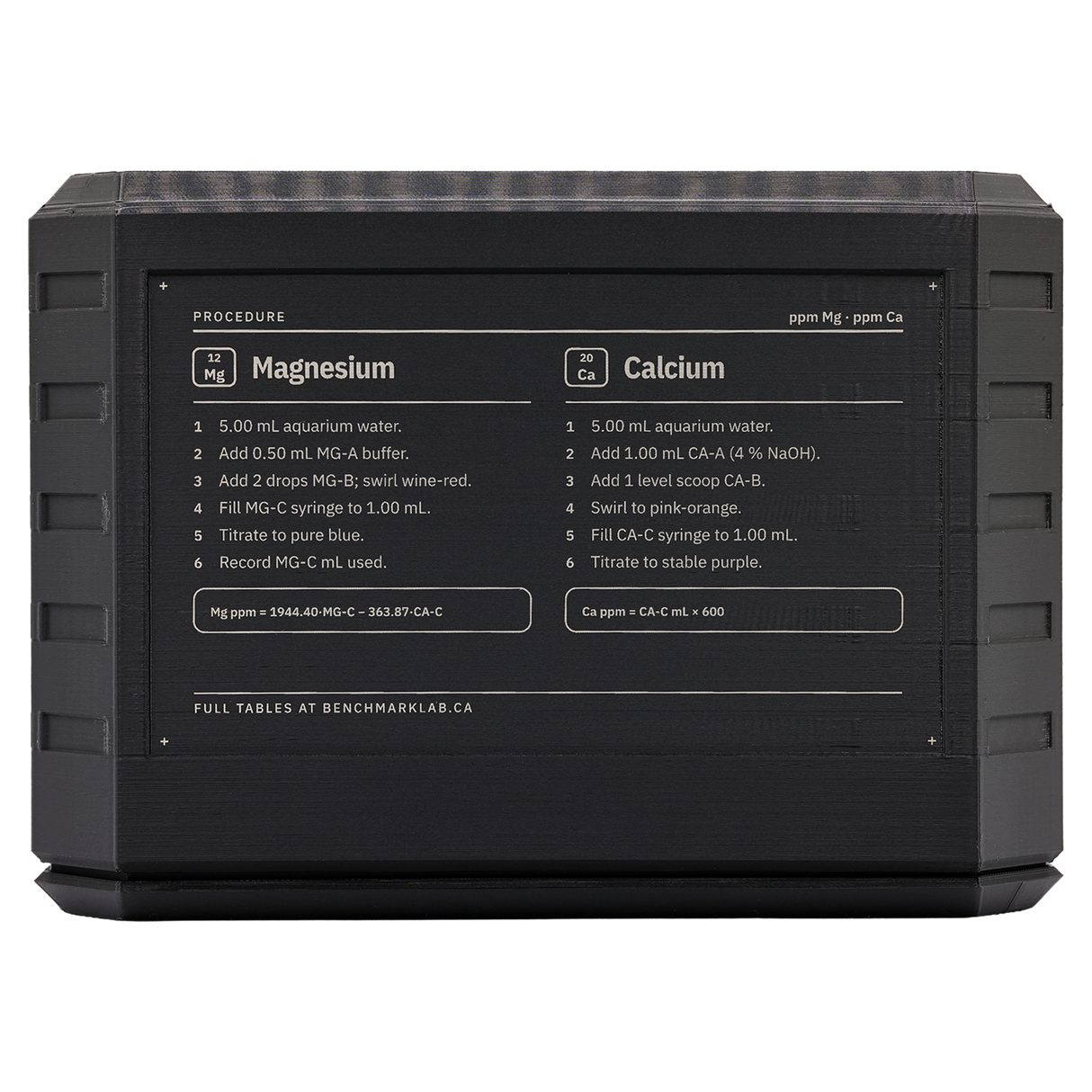 Calcium and magnesium test procedures on the back of the Benchmark kit case