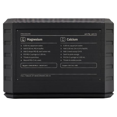 Calcium and magnesium test procedures on the back of the Benchmark kit case