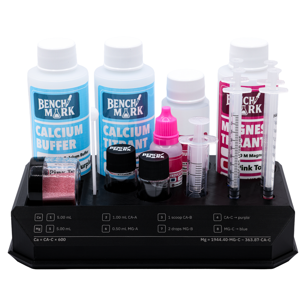 Benchmark Calcium and Magnesium Test Kit with reagents, syringes and testing stand