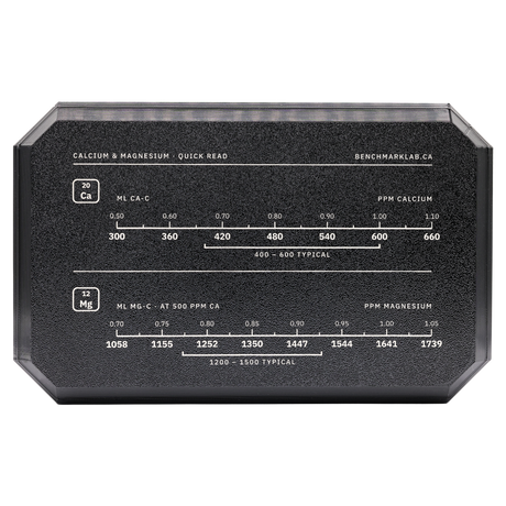 Quick-read calcium and magnesium result scales on the Benchmark kit case