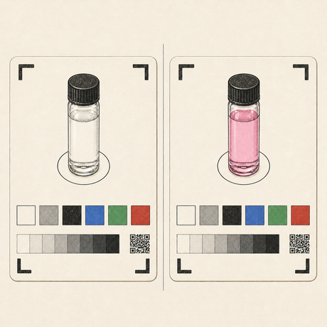 Illustrated Benchmark Nitrate Test Kit colourimetry samples: clear blank and pink reacted vial