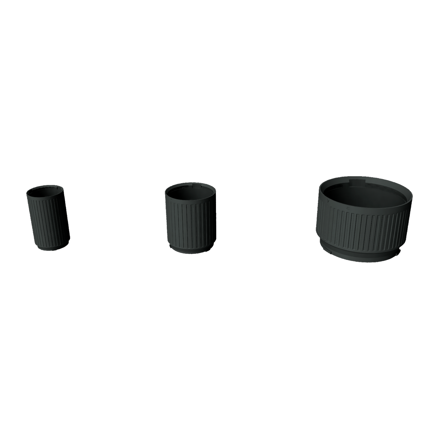 Three smaller current Modular Filter Cup bodies in 2.75 inch, 4 inch and 7 inch sizes