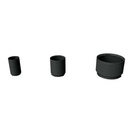 Three smaller current Modular Filter Cup bodies in 2.75 inch, 4 inch and 7 inch sizes