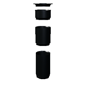 Fast close-up 3D assembly loop of black Modular Filter Cups pressing and quarter-turn locking one section at a time