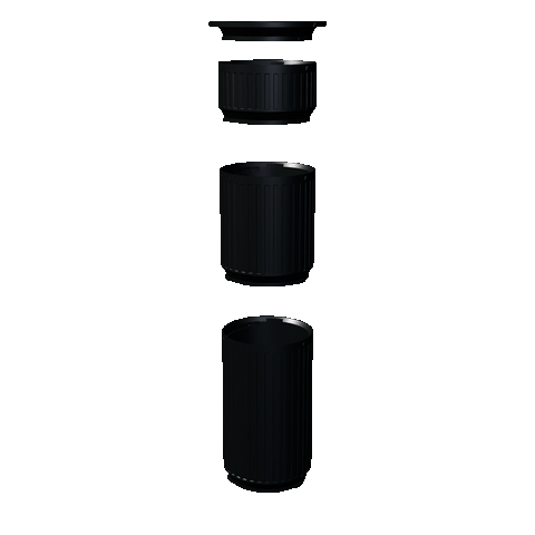 Fast close-up 3D assembly loop of black Modular Filter Cups pressing and quarter-turn locking one section at a time