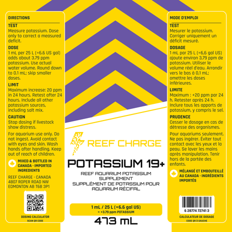Reef Charge Potassium19+ 473 mL — current bilingual label artwork