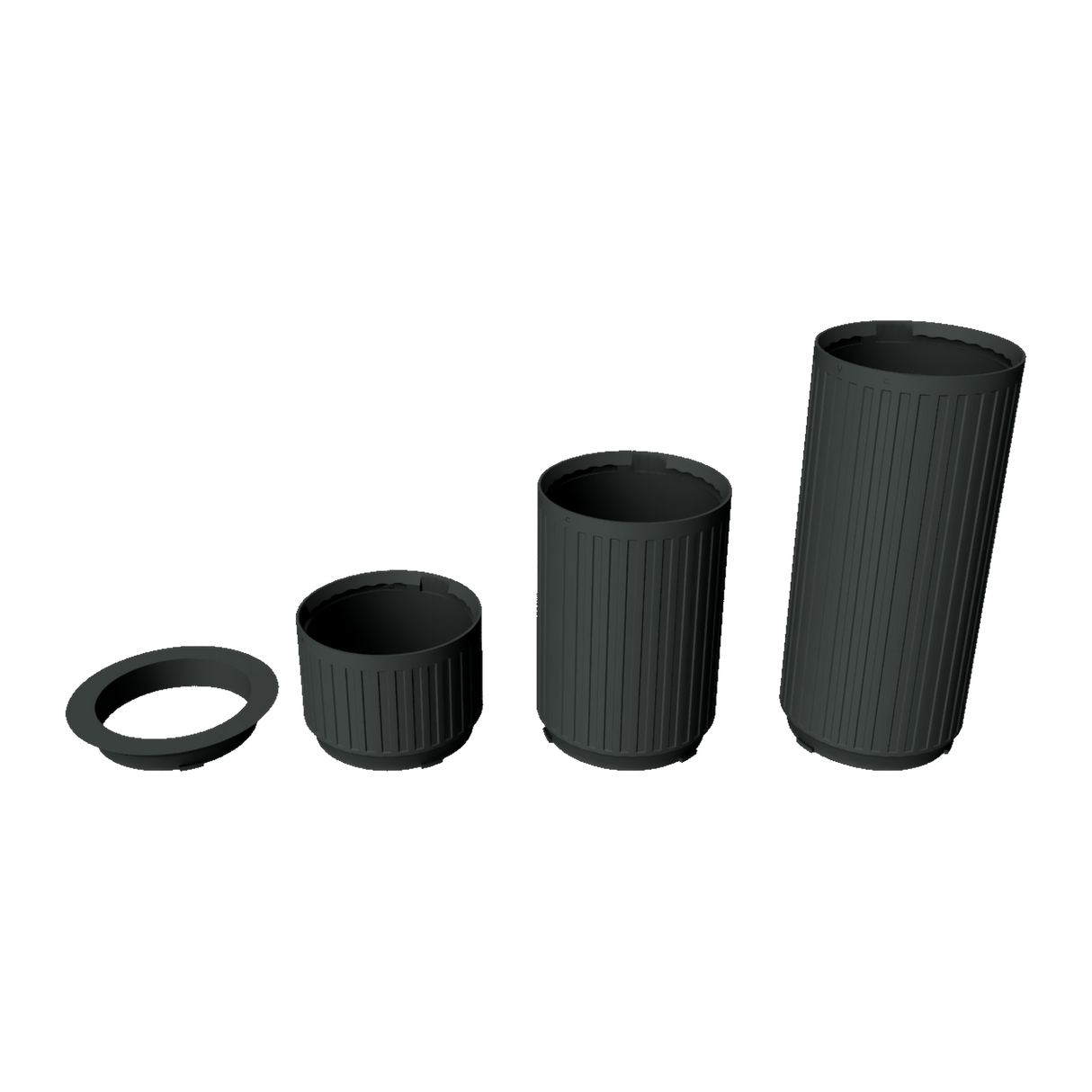 Stratiform Modular Filter Cup 2.75 inch family transparent render showing 2 inch, 4 inch, and 6 inch cup depths