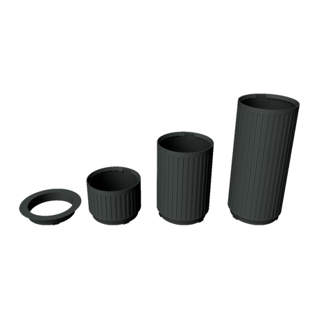 Stratiform Modular Filter Cup 2.75 inch family transparent render showing 2 inch, 4 inch, and 6 inch cup depths