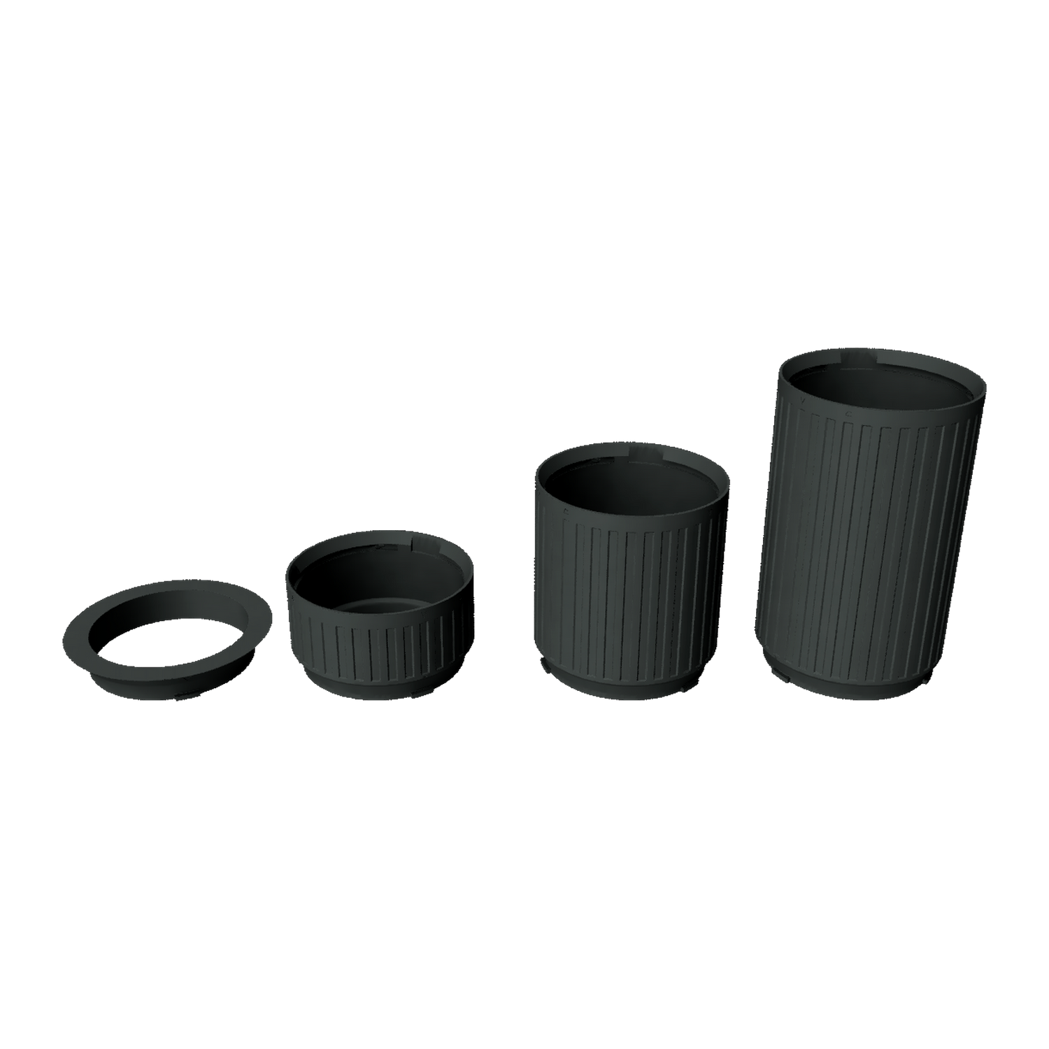 Stratiform Modular Filter Cup 4 inch family transparent render showing 2 inch, 4 inch, and 6 inch cup depths