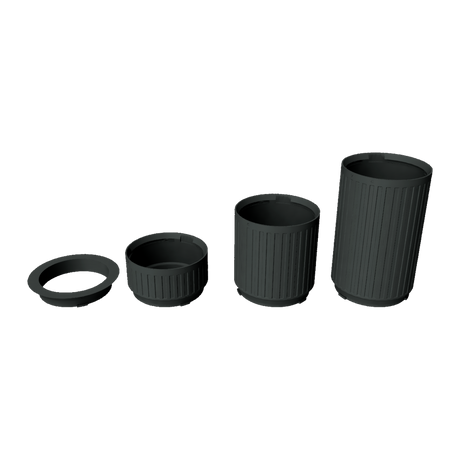 Stratiform Modular Filter Cup 4 inch family transparent render showing 2 inch, 4 inch, and 6 inch cup depths