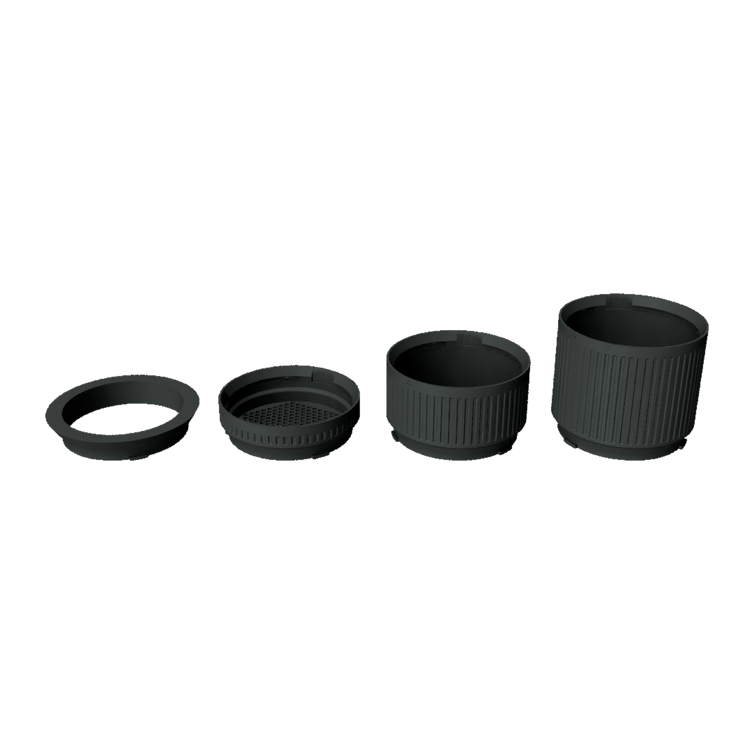 Stratiform Modular Filter Cup 7 inch family transparent render showing 2 inch, 4 inch, and 6 inch cup depths