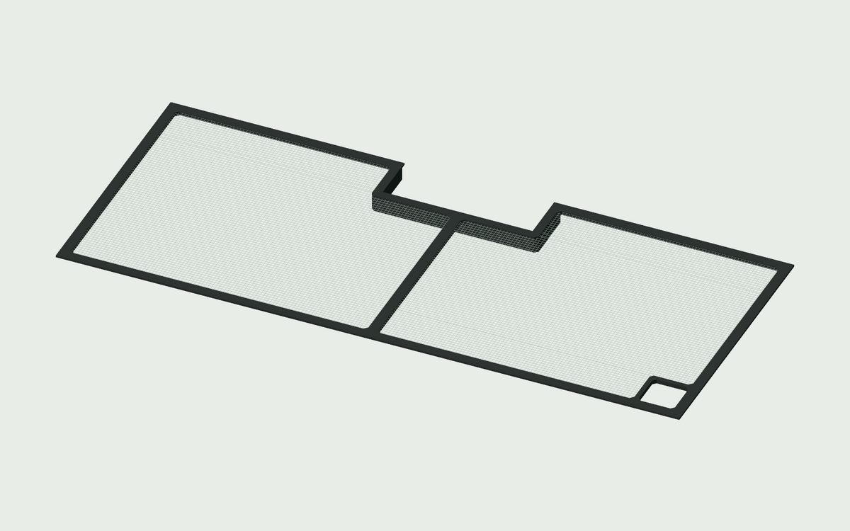 Current Keepr frame manufacturing geometry with clear mesh and reference tank glass.