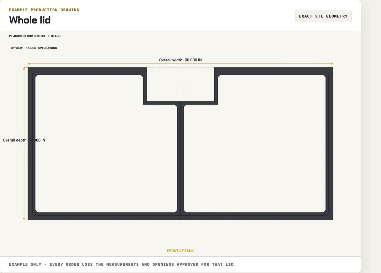 Example top-down Keepr production drawing showing a two-section aquarium lid, an overflow opening, measured dimensions, and front-of-tank orientation.